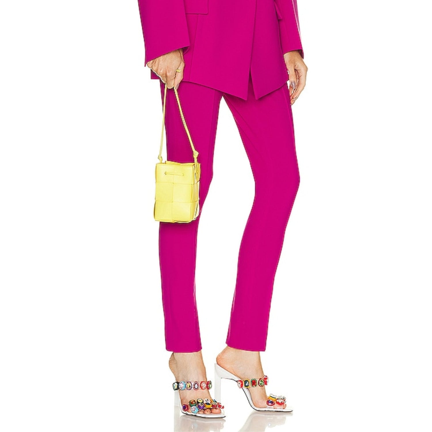 Lightweight leather woven mini bucket handbag in white with crossbody strap, light yellow