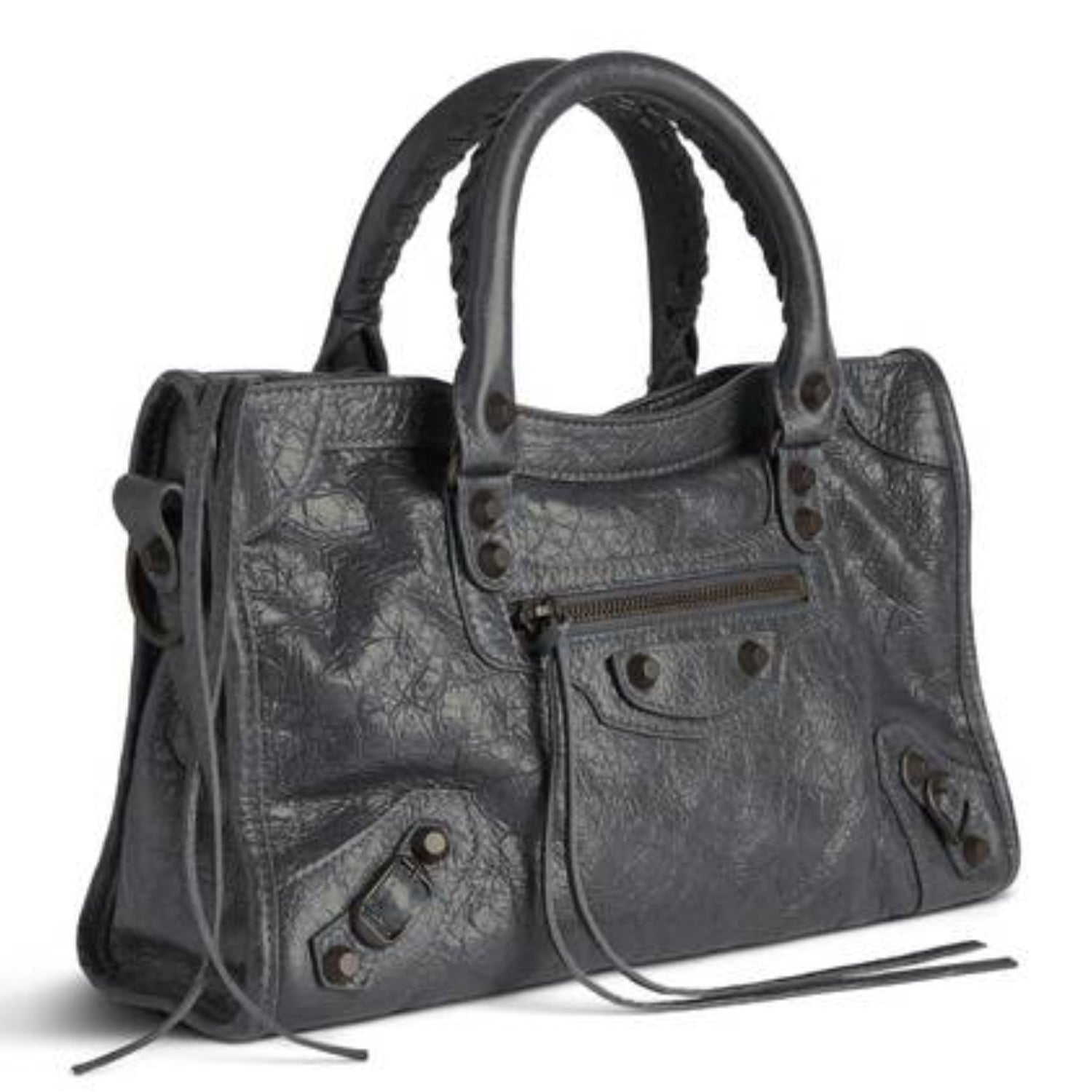 Dark Gray Medium Leather Shoulder Bag with Moto Stud and Buckle Details