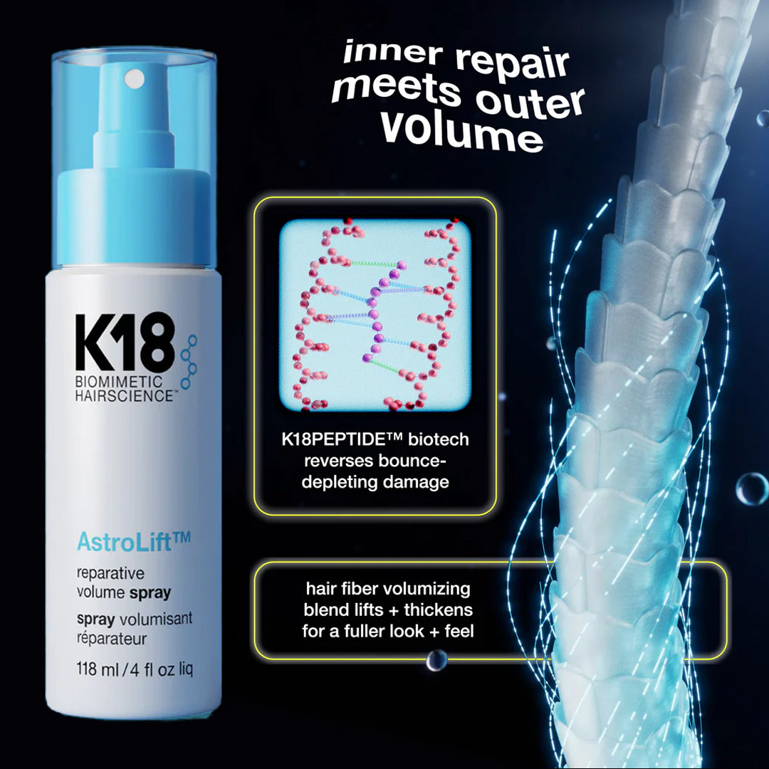K18 AstroLift Reparative Volume Spray 4 fl oz bottle – damage-repair and volumizing spray for all hair types