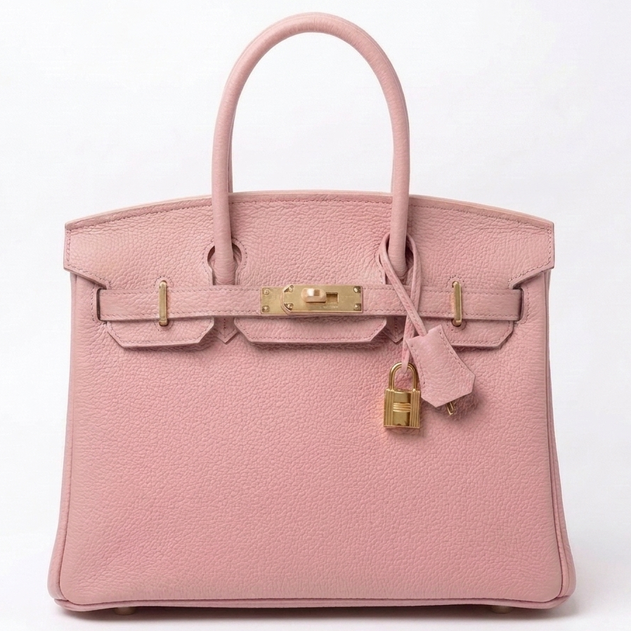 A pink textured leather CLASSIC 30 TOGO LEATHER handbag with gold-tone hardware, dual top handles, and a hanging clochette, photographed against a clean white background.