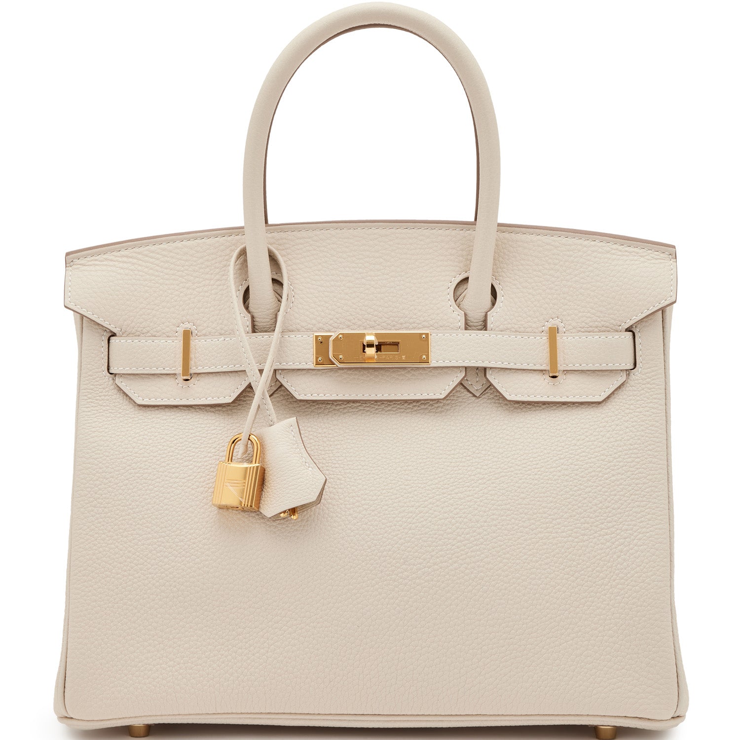 Leather 30 structured handbag in cream ivory pebbled leather with gold hardware, front view