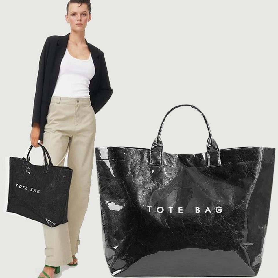 Trendy black PVC Dupont tote bag with glossy finish – viral fashion carry-all perfect for everyday style, shopping, and on-the-go looks