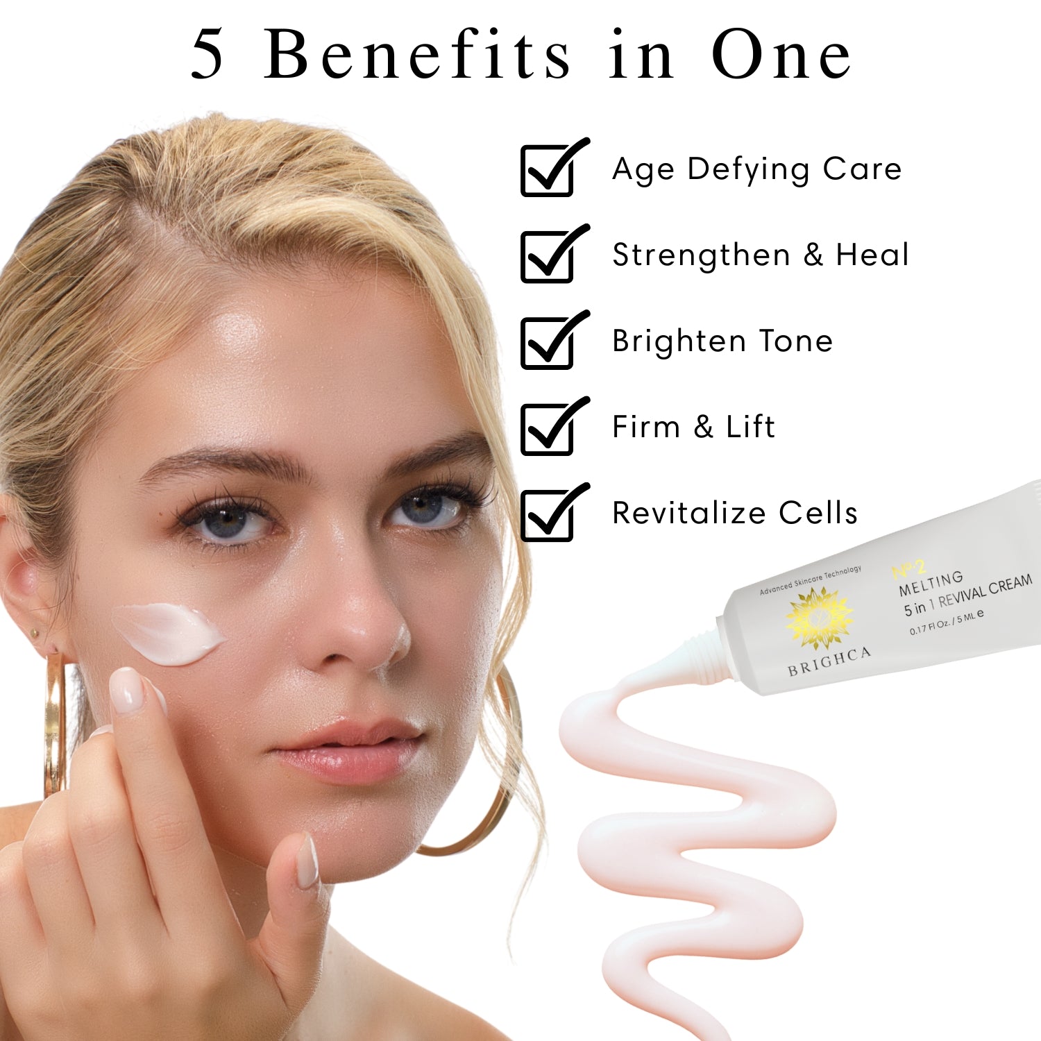 Brighca Melting Collagen Cream is 5 in 1 cream providing age defying care, strengthen and heal, brighten tone, firm and lift, as well as revitalize cells