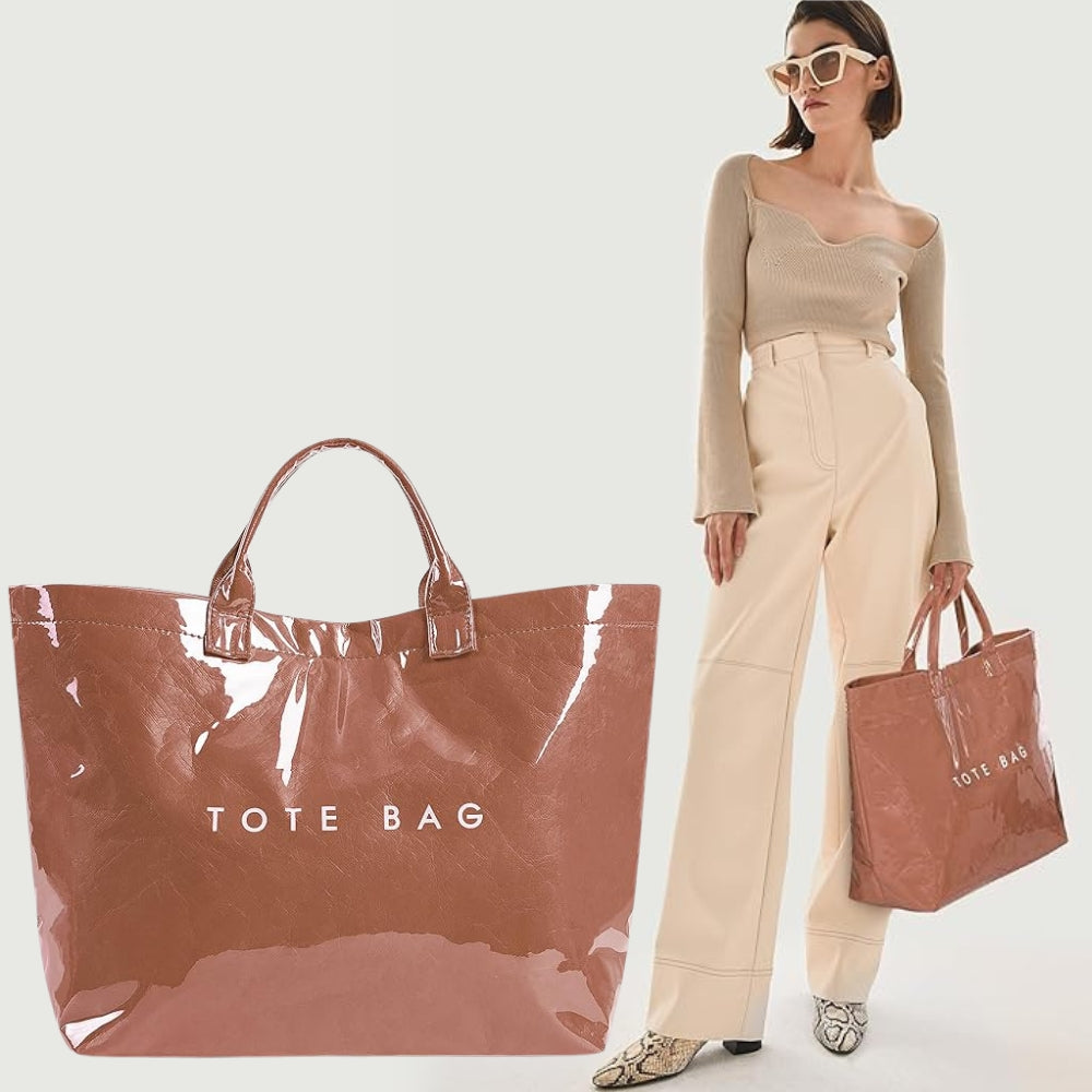 Trendy dark brown PVC Dupont tote bag with glossy finish – viral fashion carry-all perfect for everyday style, shopping, and on-the-go looks