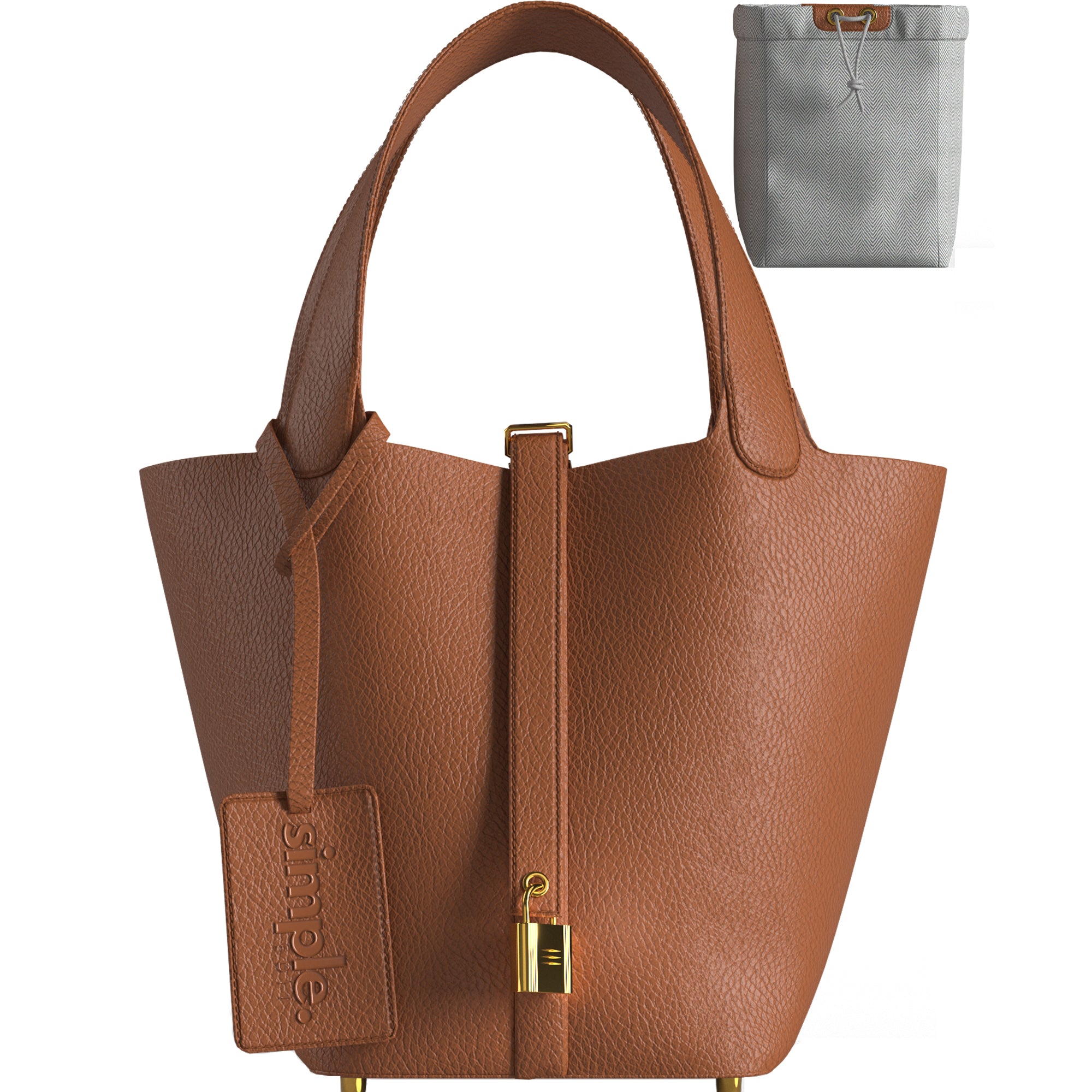 Luxury gold leather bucket bag in premium vegan leather with mini lock design and gold-tone hardware, elegant everyday handbag.