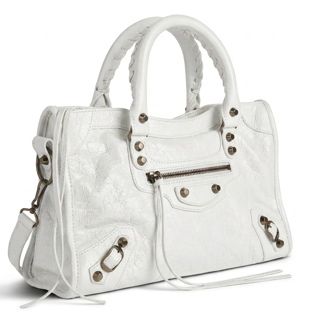 Medium city-style moto leather shoulder bag in white with stud detailing, front view