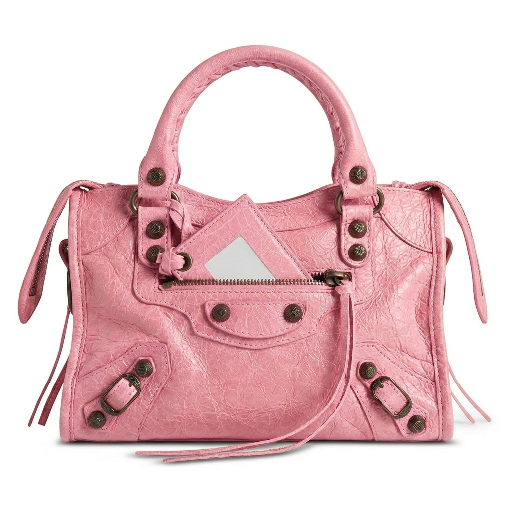 A pink textured leather city handbag with double top handles, dark metal rivets, and a front zip pocket, photographed on a plain white background.