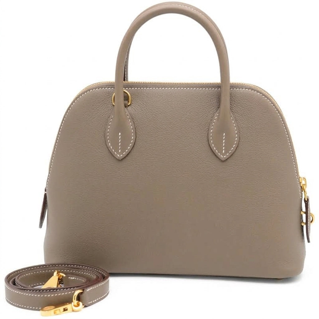 Khaki Grey Dome Purse – Chic Structured Design with Gold Detailing