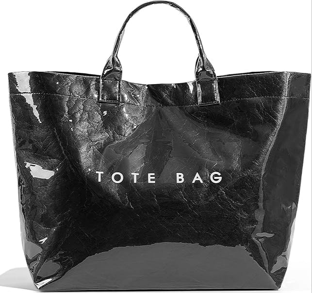 Trendy black PVC Dupont tote bag with glossy finish – viral fashion carry-all perfect for everyday style, shopping, and on-the-go looks