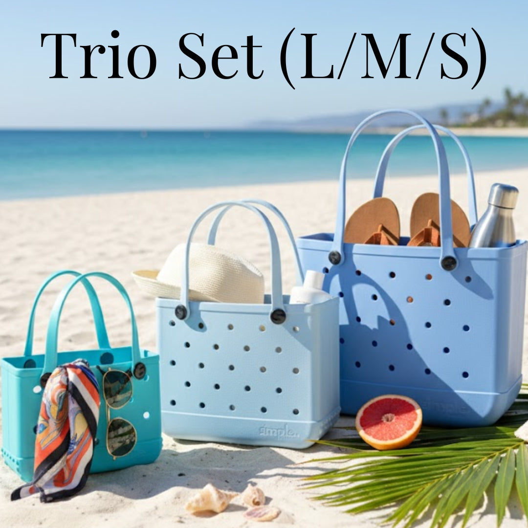 Set of 3 Blue EVA Totes – Large in Carolina, Medium in Blue Skies, Small in TIFF, wear it everywhere