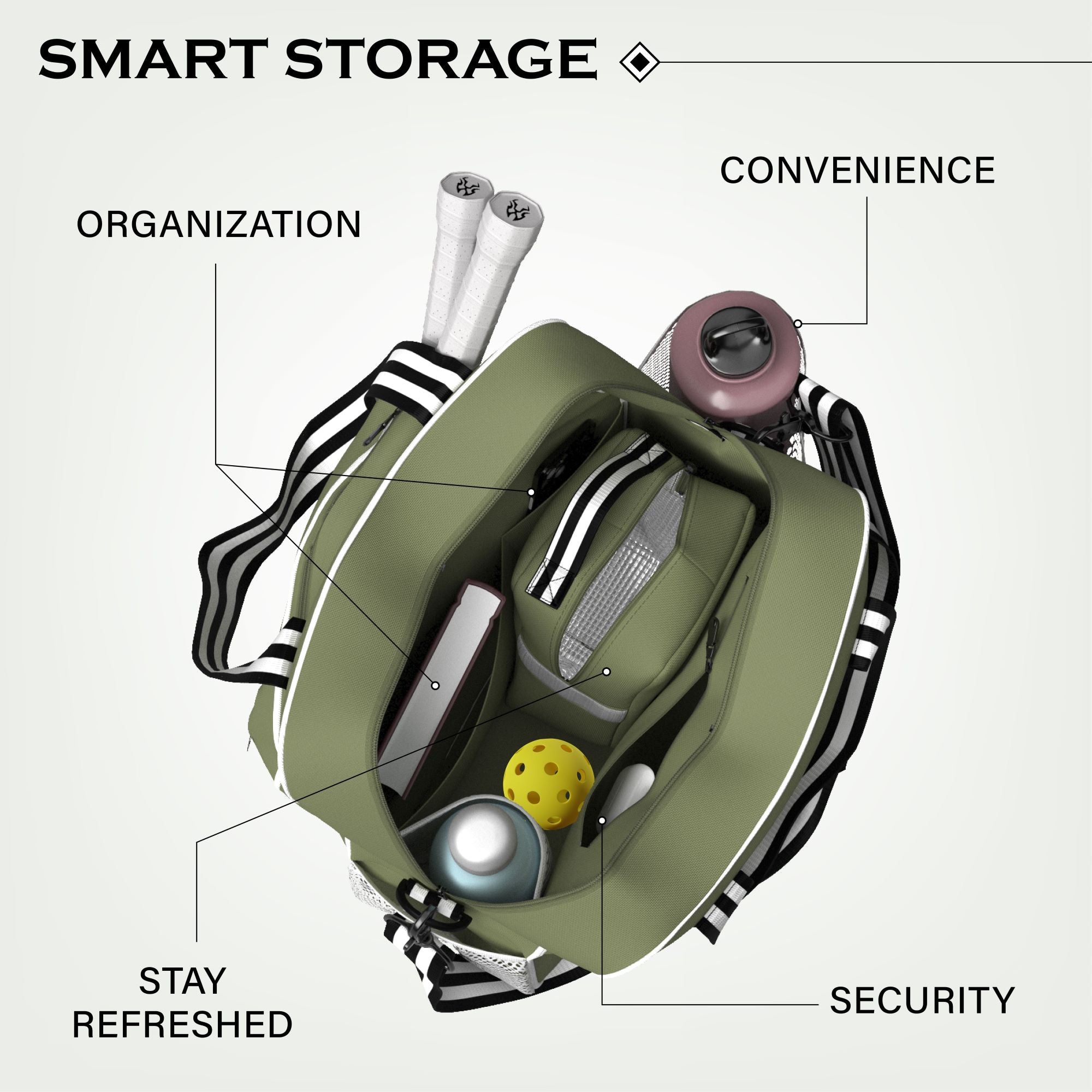Premium Polyester Khaki Pickleball Sporting Bag with Detachable Cooler Bag, and padded shoulder strap with lots of pockets and smart storage, waterproof, durable, stylish and fashionable