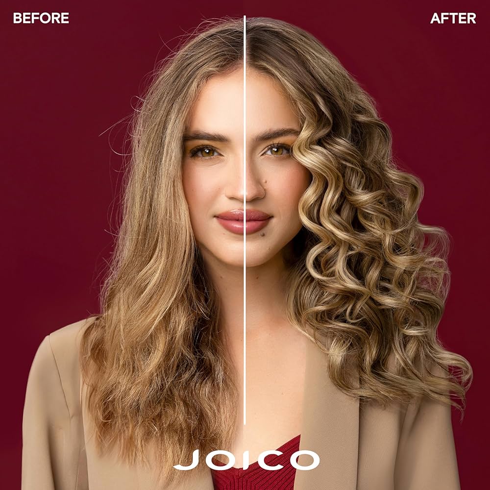 Before and after comparison of hair styling with JOICO branding on a red background.