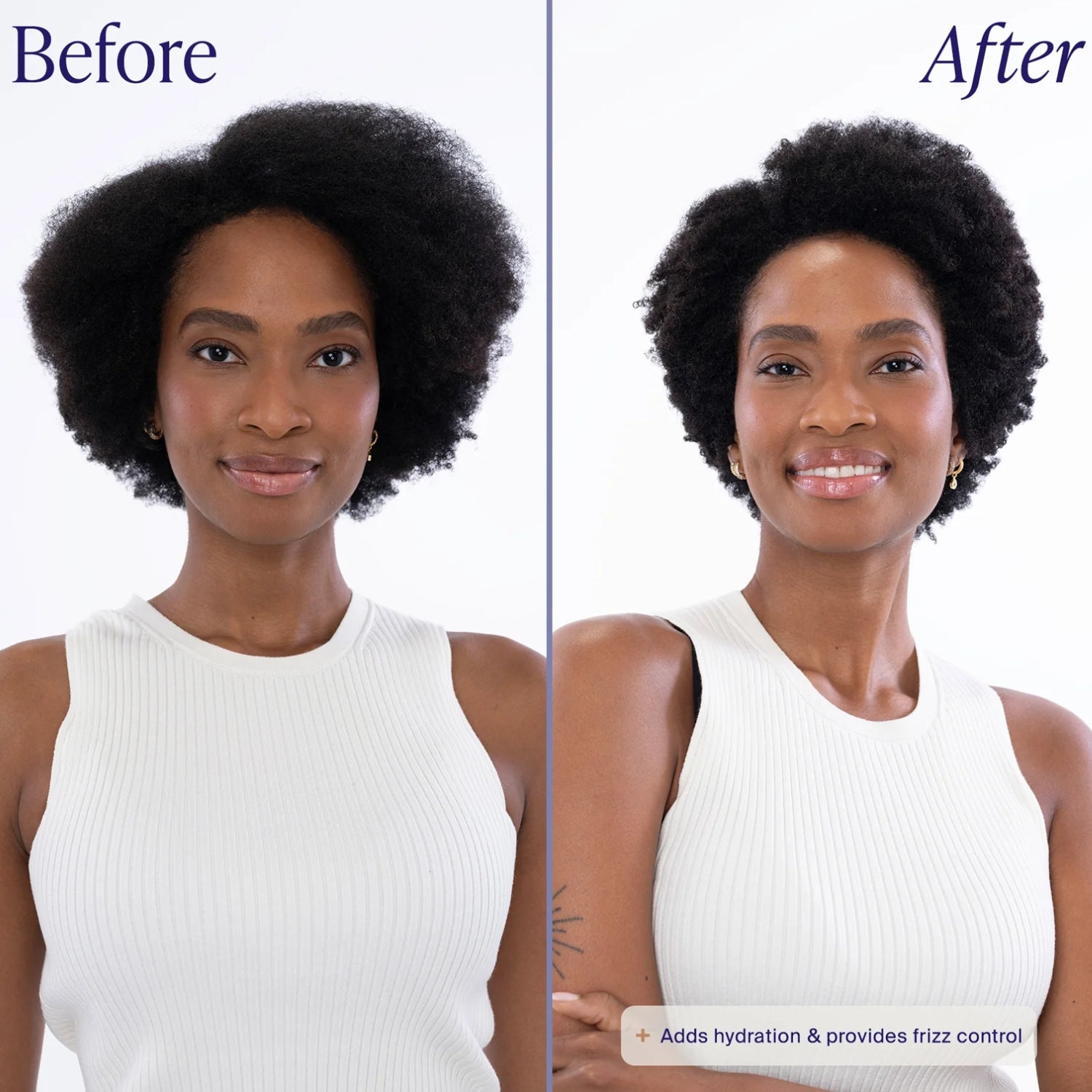 Before and after comparison of a woman with natural black hair, showing frizz control results. She is wearing a white ribbed sleeveless top against a white background, with 'Before' on the left and 'After' on the right.