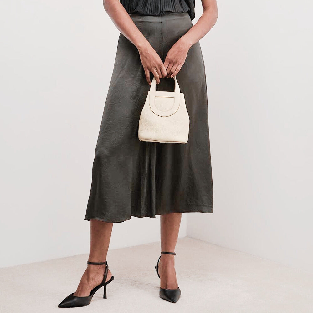 Compact Loop Leather Bucket Bag with Strap Detail – Green, White, Orange, Khaki