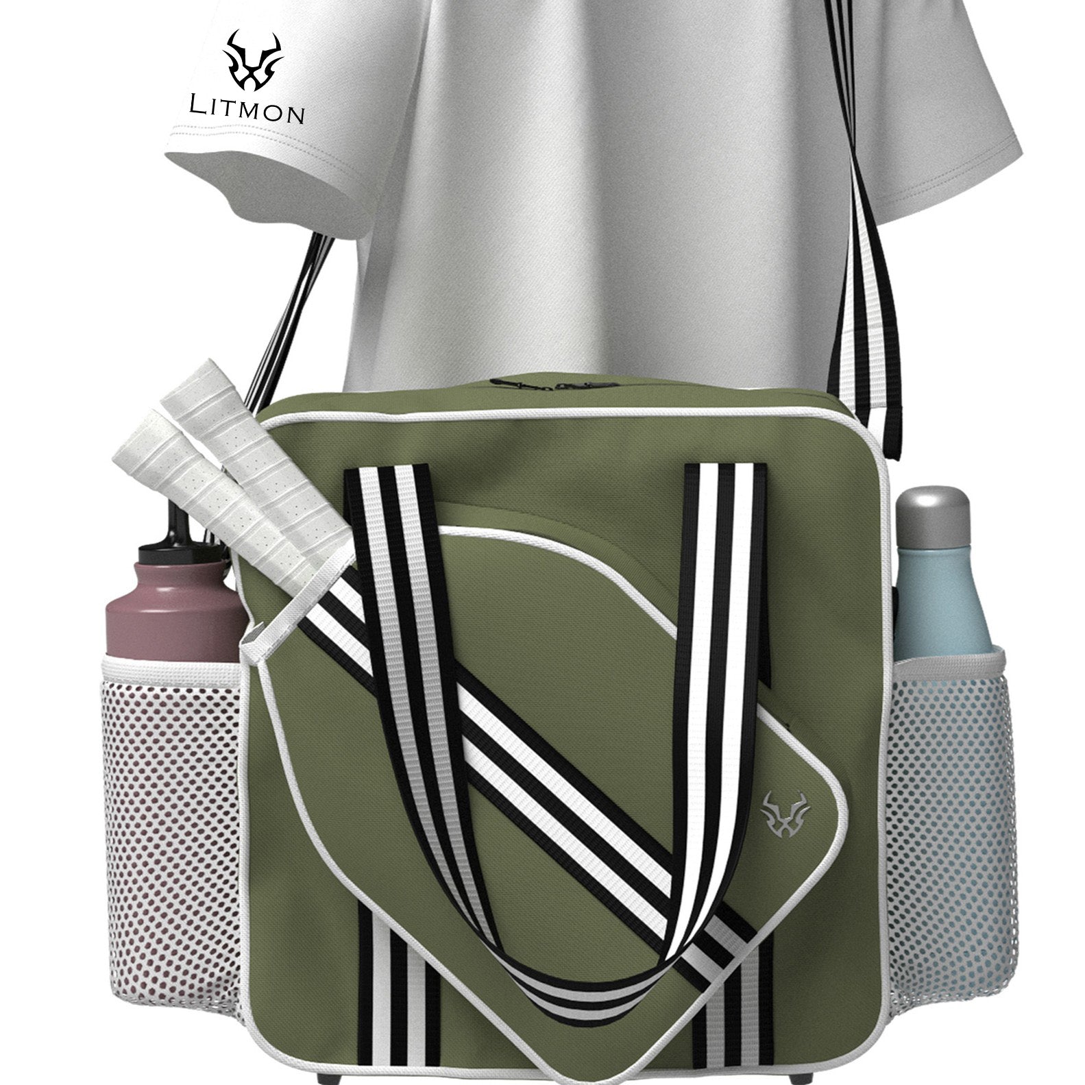 Khaki waterproof pickleball bag with detachable cooler and multiple smart storage pockets