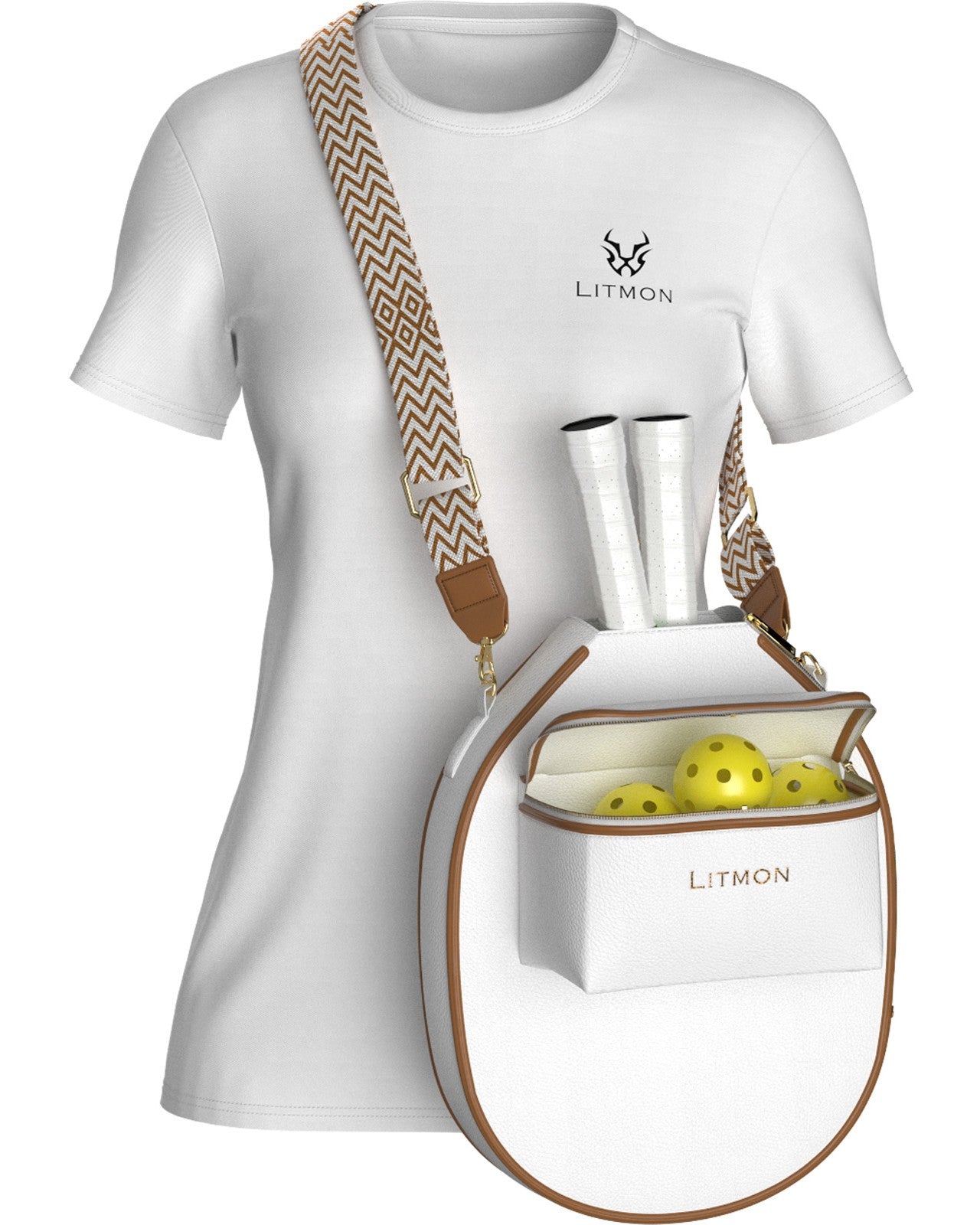 Premium ivory white leather pickleball paddle crossbody bag with adjustable strap and gold hardware