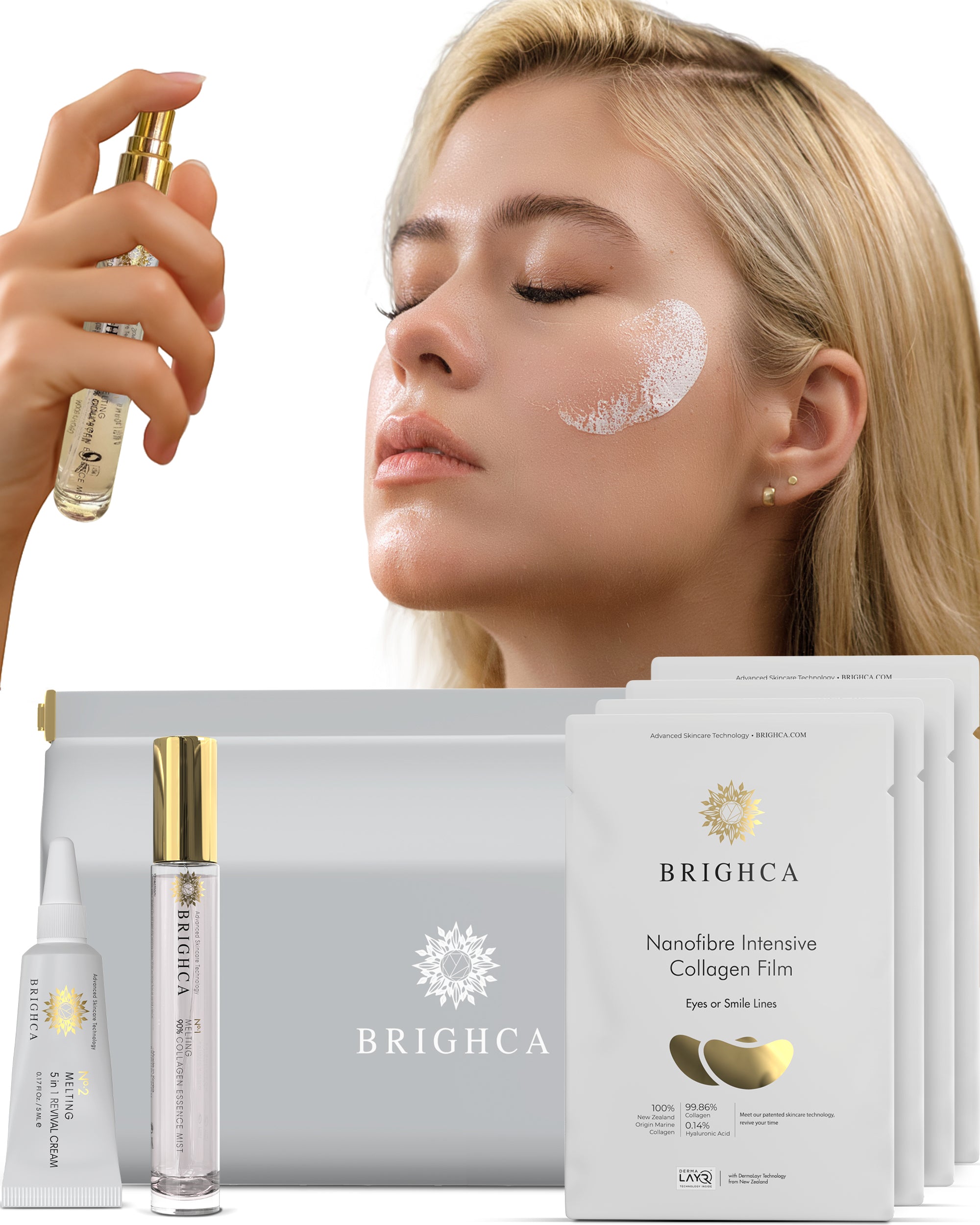 Brighca Collagen Trial Kit full set with mist, cream, and film patches