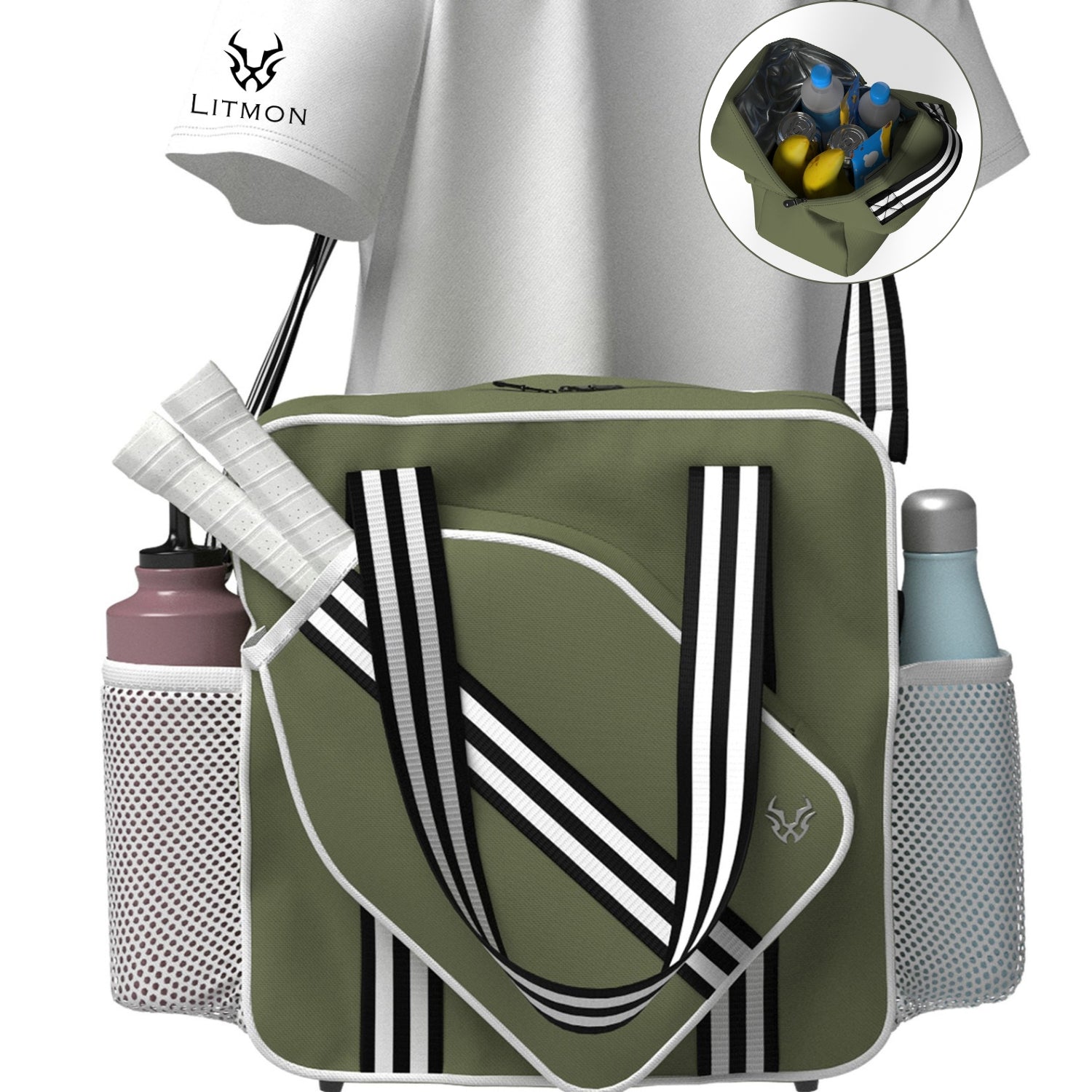 Khaki waterproof pickleball bag with detachable cooler and multiple smart storage pockets