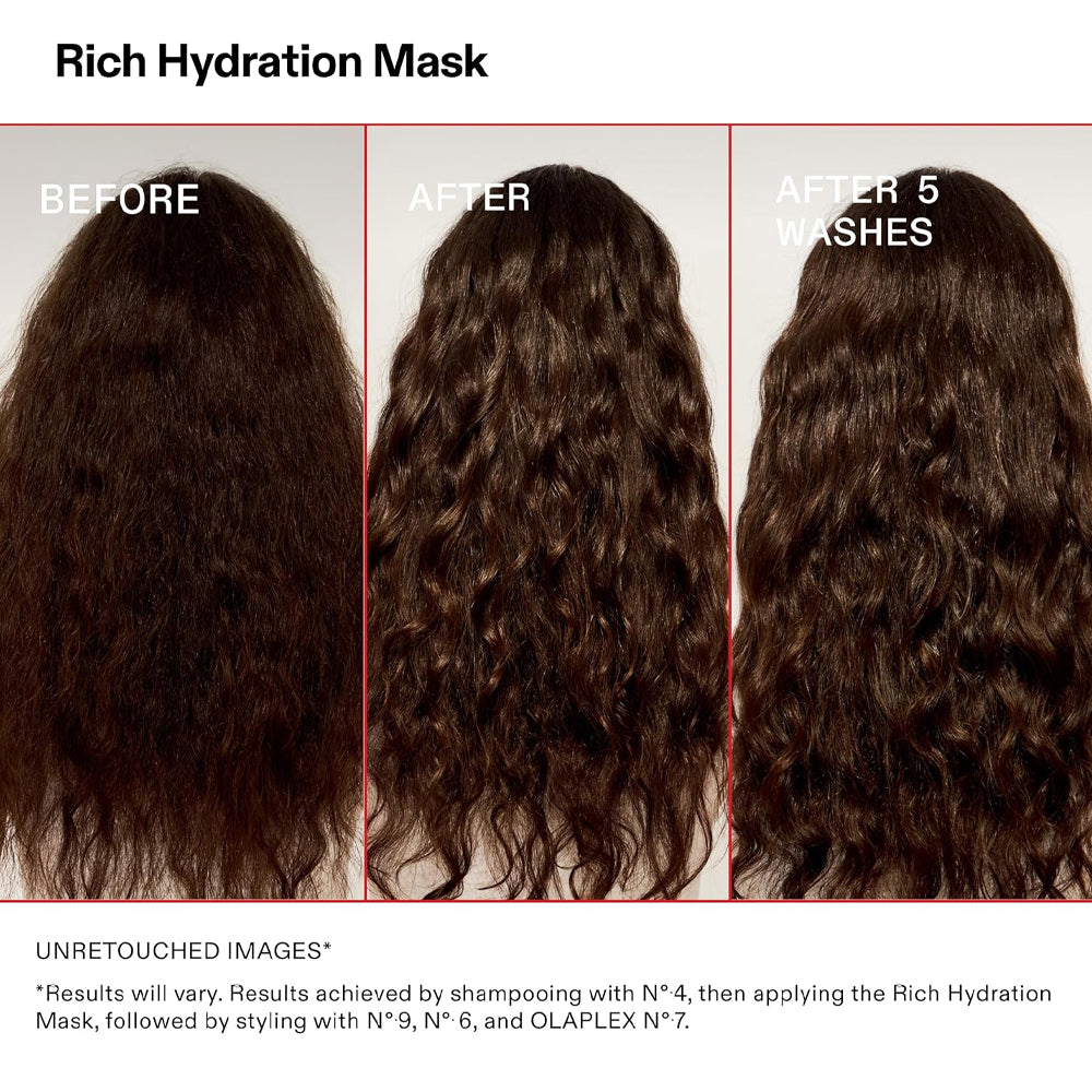 transformation of Before and after hair for using Olaplex Rich Hydration Mask treatment on hair, showing results after one wash and five washes.