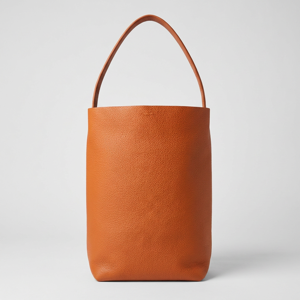 Large vertical soft tote in genuine brown calfskin leather with minimalist silhouette