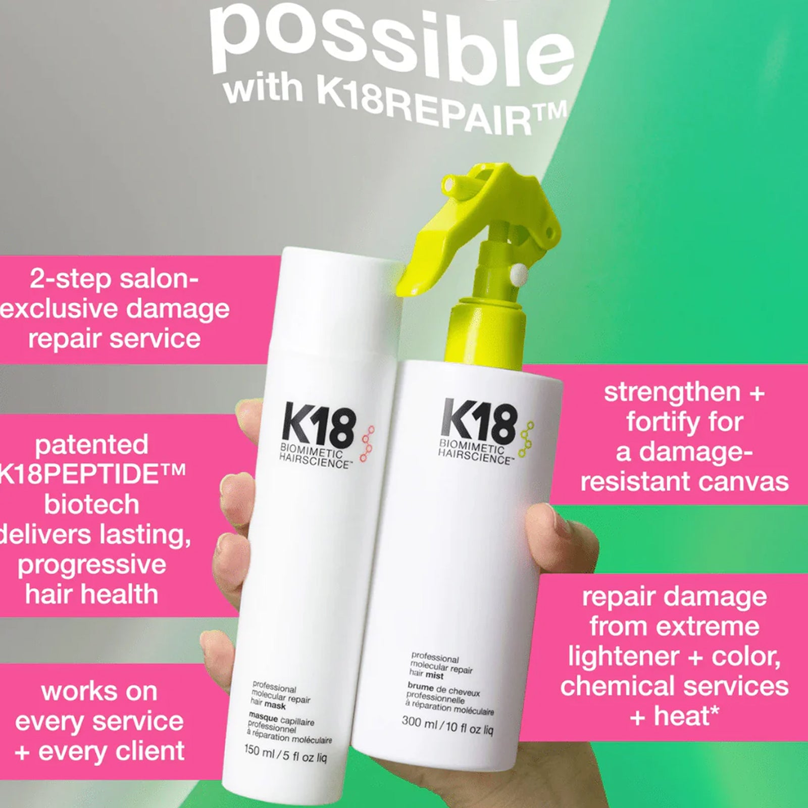 K18 Professional Repair Service Kit with Molecular Repair Mist and Hair Mask – 2-step salon hair treatment for damage repair
