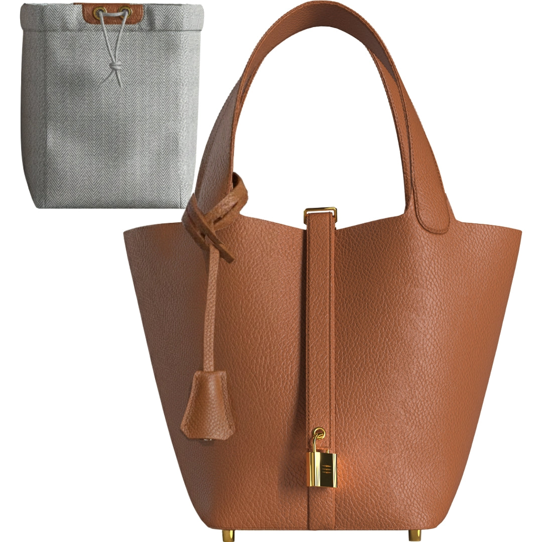 Luxury gold leather bucket bag in premium vegan leather with mini lock design and gold-tone hardware, elegant everyday handbag.