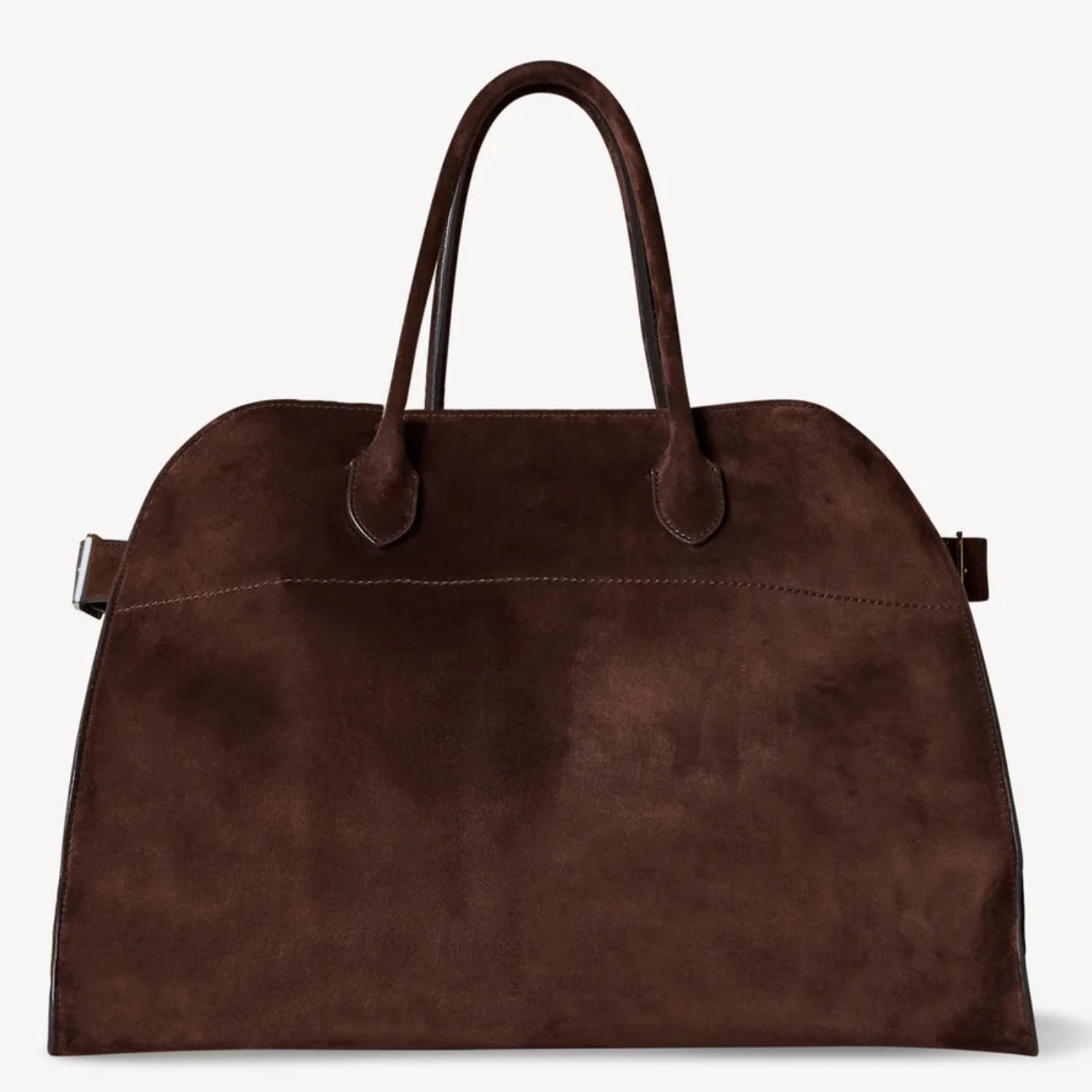 Front view of the large Margaux 15 style suede tote in Coffee Brown with signature belted sides.