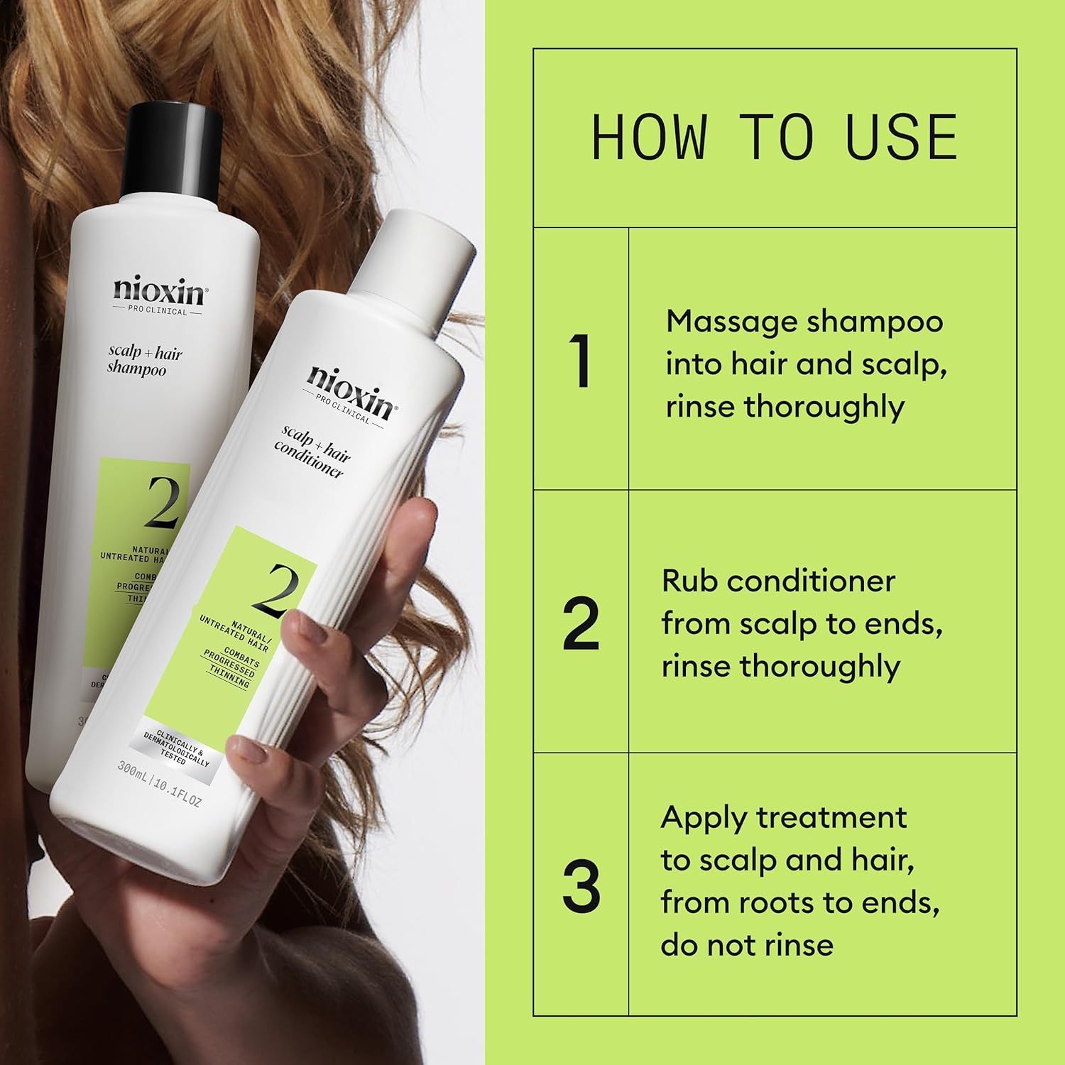 Nioxin Natural untreated hair thickening shampoo conditioner treatment how to use