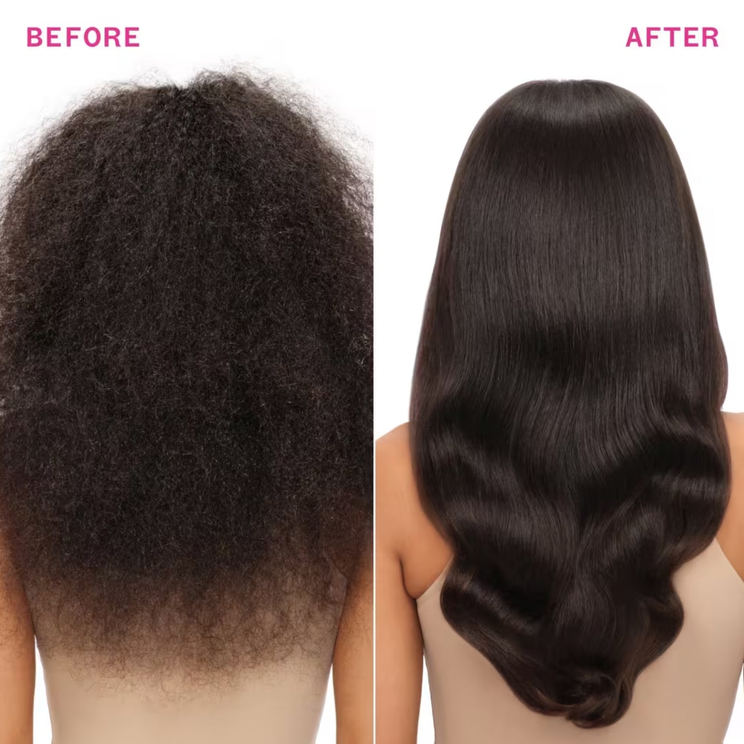 Before and after comparison of a hair extension or wig, showing curly dark brown hair on the left labeled 'BEFORE' and smooth, straight, wavy dark brown hair on the right labeled 'AFTER' against a white background.