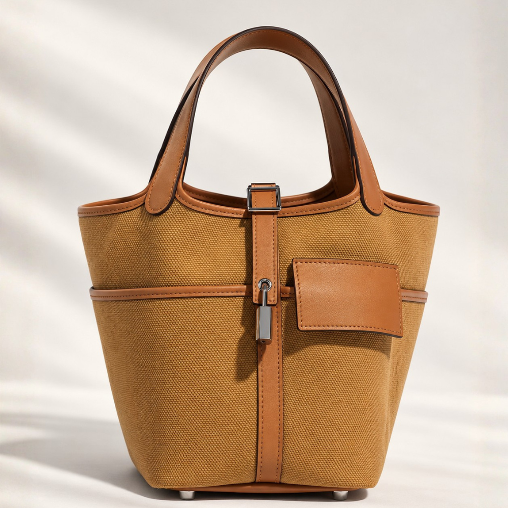 Sesame Beige bucket bag with canvas-style body, top-handle, lock strap, and utility side pockets
