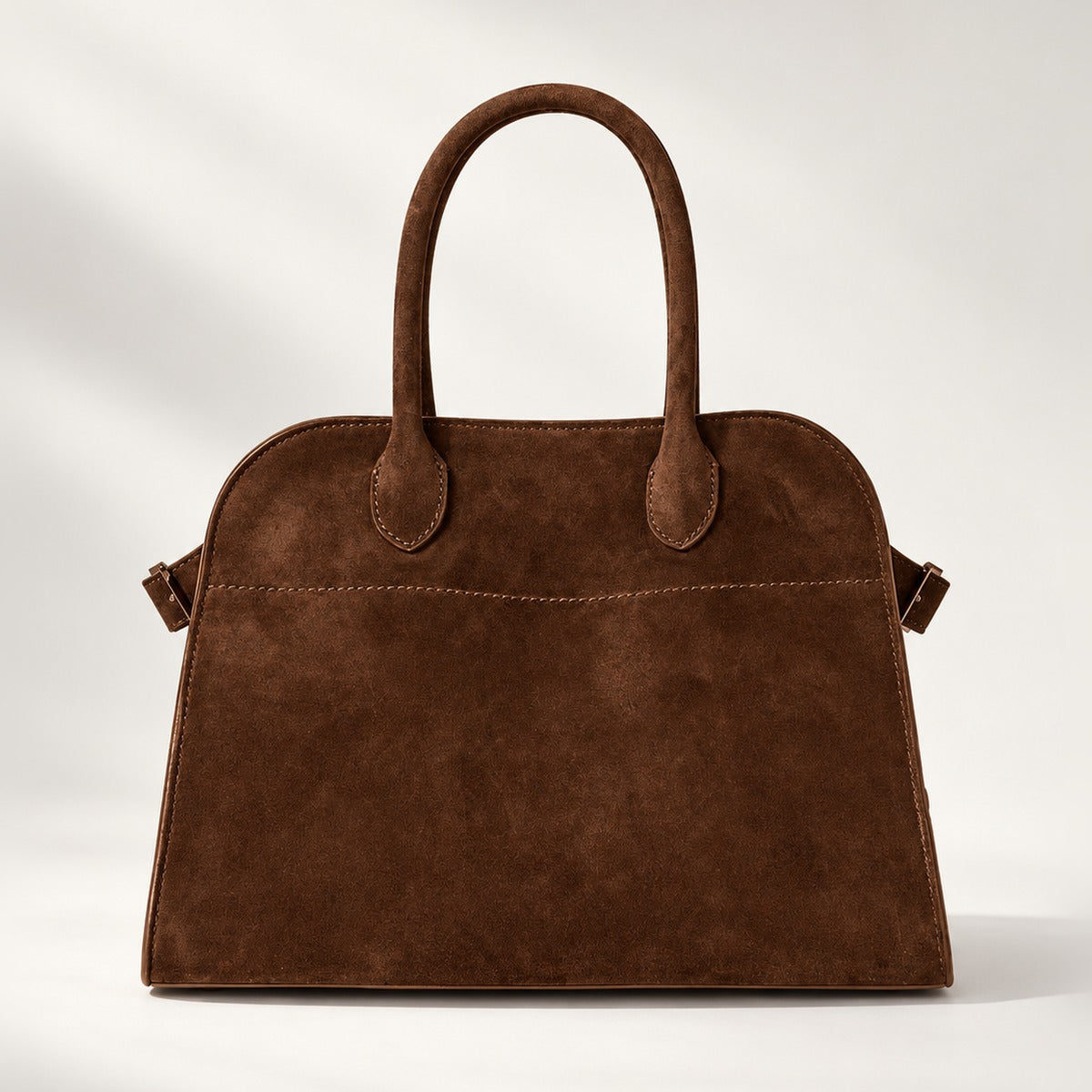 Belted 10 Compact Structured Tote, Suede Edition in Coffee, matte vegan suede with belted gussets and removable strap, 10 x 7 in