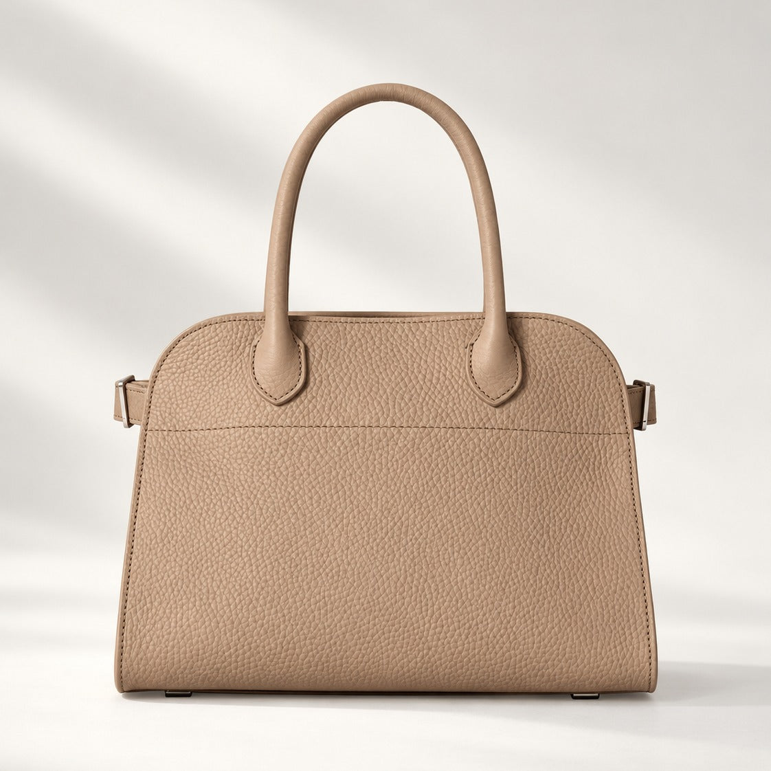 Belted 10 Compact Structured Tote in Taupe, matte grained vegan leather with belted side gussets, 10 x 7 x 7.5 in
