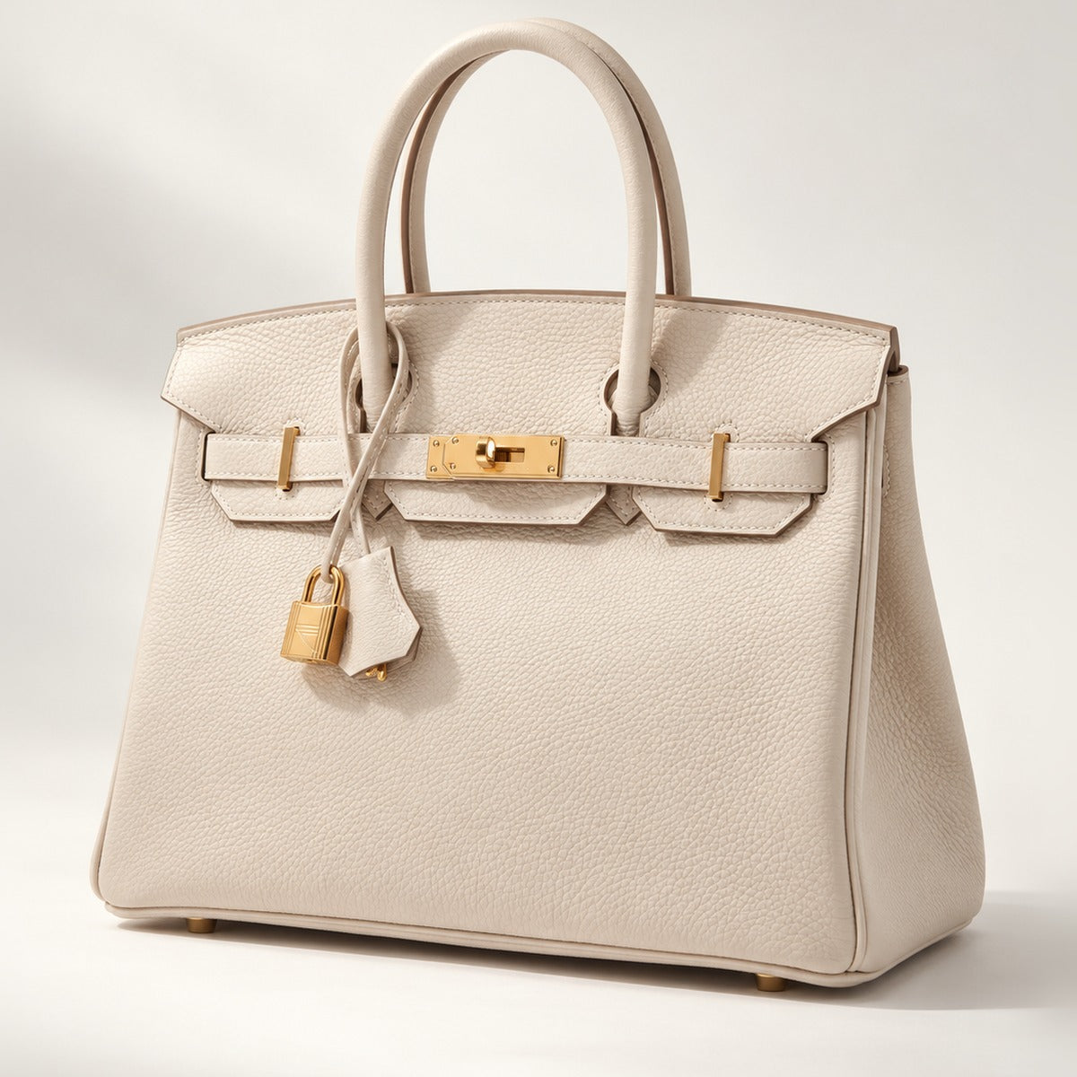 Leather 30 Handbag in Cream, structured pebbled leather with gold turn-lock and shoulder strap, 11.5 x 9.5 x 6.25 in