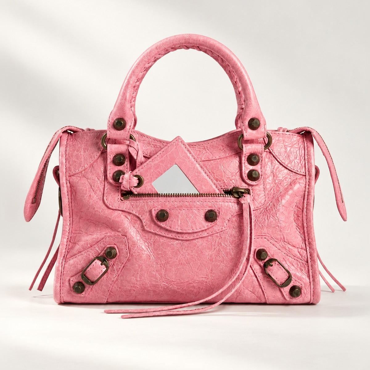 Mini City-Style Leather Shoulder Bag in Pink, moto detail, dual top handles, top zip and detachable strap, 9.45 x 6.3 in
