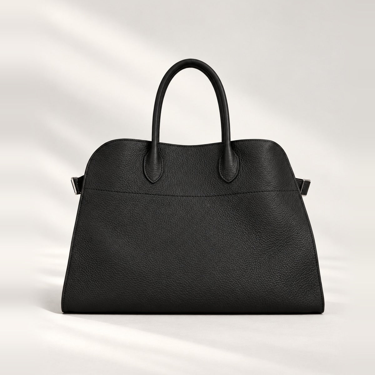Modern Structured Grained Leather Tote in Black, large tote with side tabs and toggle closure, 15 x 11 x 9 in