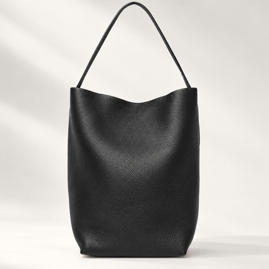 Vertical Soft Leather Tote Bag Large in Black, soft slouchy leather tote with wide straps, 9.5 W x 14 H x 6 D in