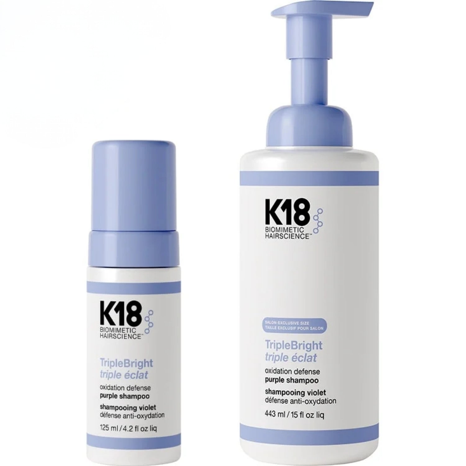 K18 TripleBright Oxidation Defense Purple Shampoo Foam 4.2 oz and 15 oz bottle
