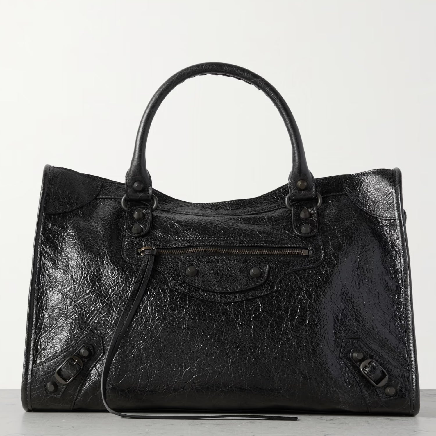 Black Medium Leather Shoulder Bag with Moto Stud and Buckle Details