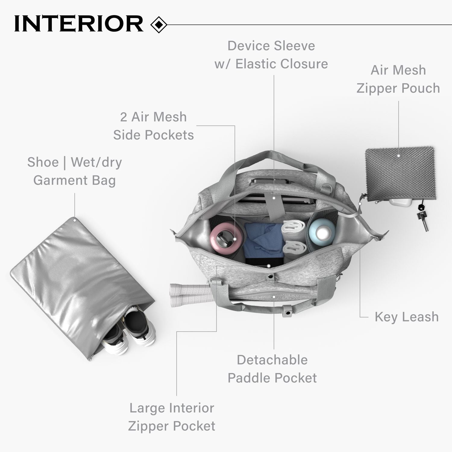 Smart Storage Interior for Neoprene Gray pickleball duffle bag interior
