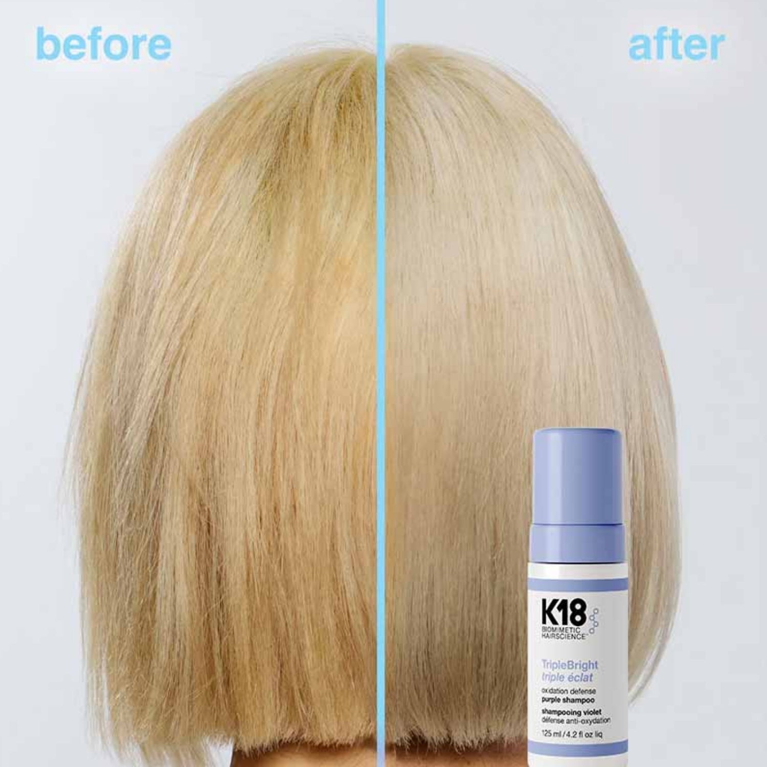K18 TripleBright Oxidation Defense Purple Shampoo Foam before and after