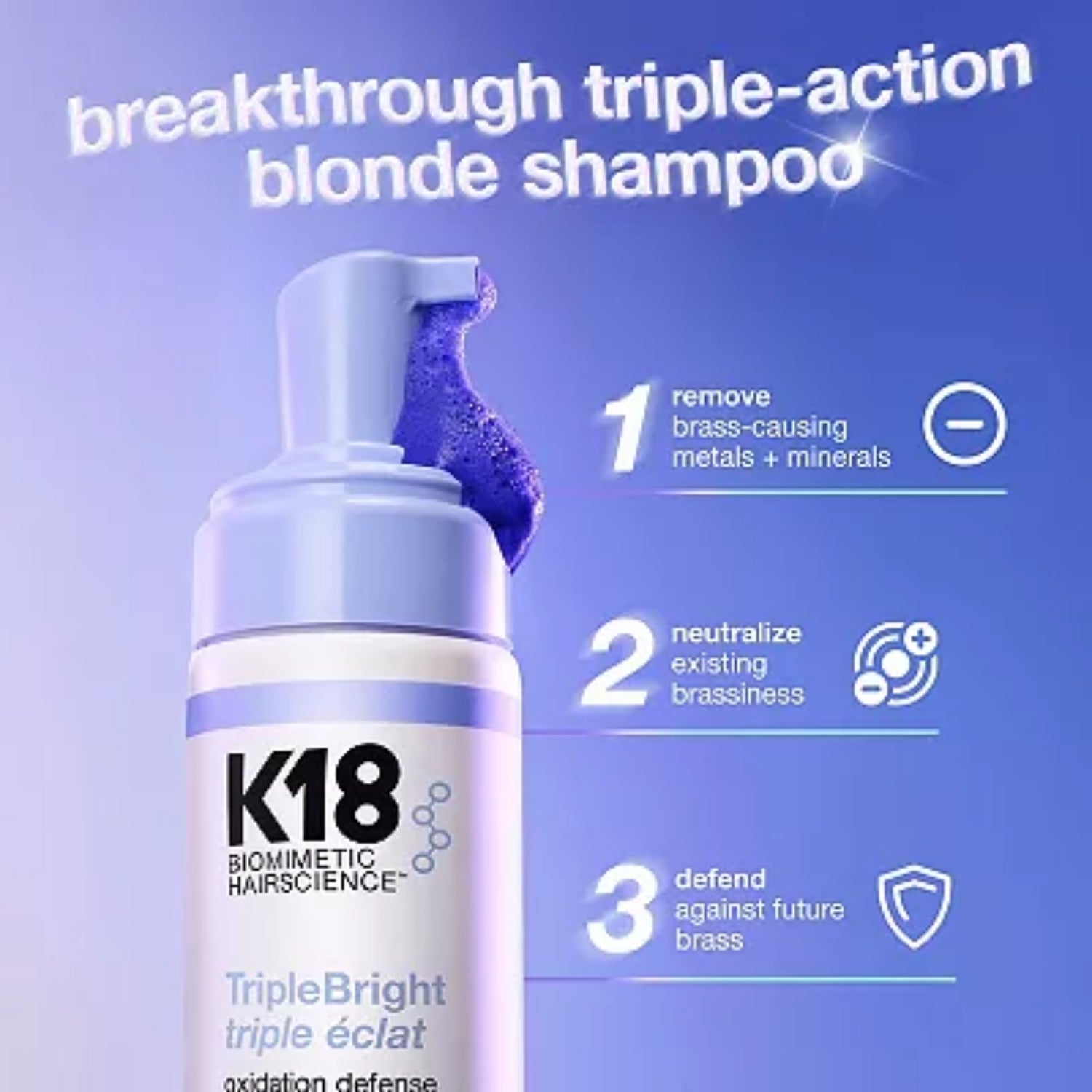 K18 TripleBright Oxidation Defense Purple Shampoo Foam benefit