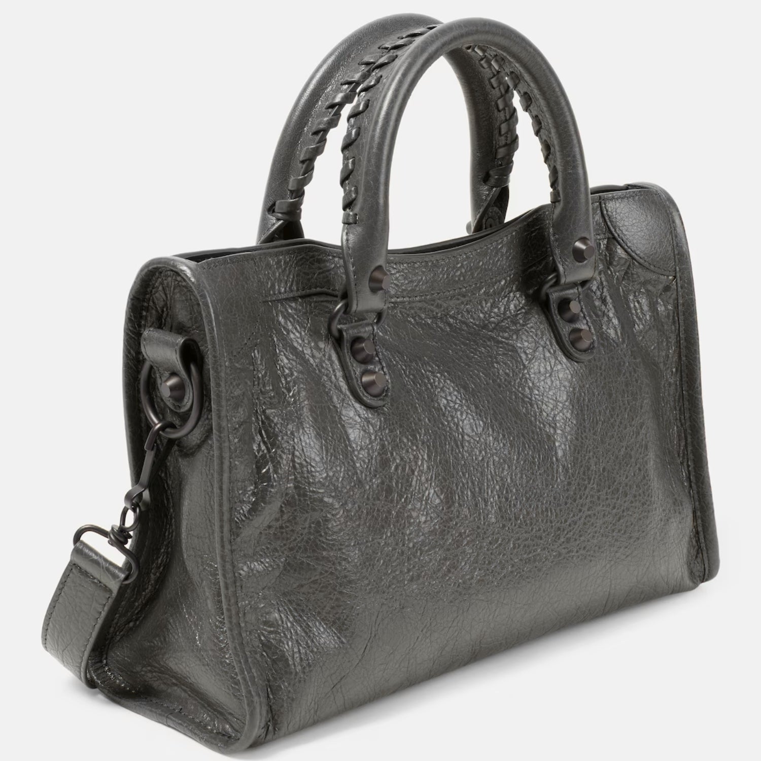 Dark Gray Medium Leather Shoulder Bag with Moto Stud and Buckle Details