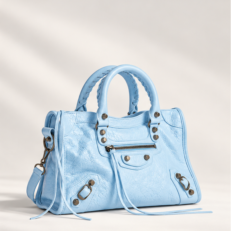 Small City-Style Leather Shoulder Bag – Moto Detail with Top Handle & Strap