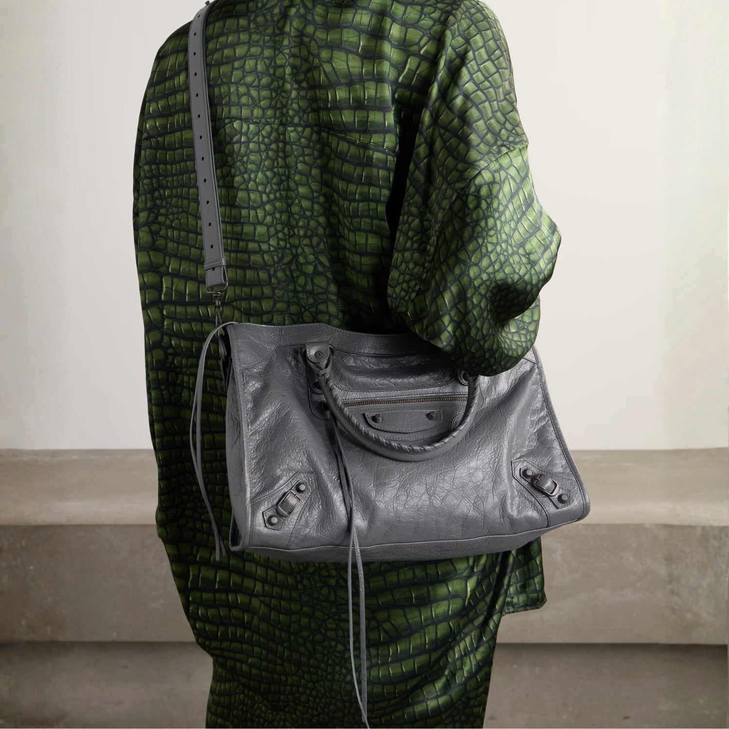 Dark Gray Medium Leather Shoulder Bag with Moto Stud and Buckle Details