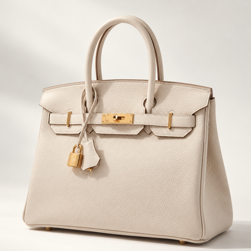 Leather 30 structured handbag in cream ivory pebbled leather with gold hardware, front view