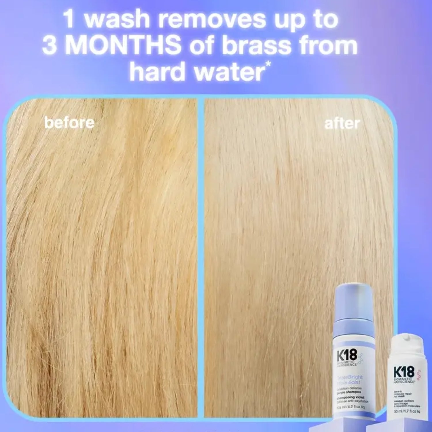 K18 TripleBright Oxidation Defense Purple Shampoo Foam before and after