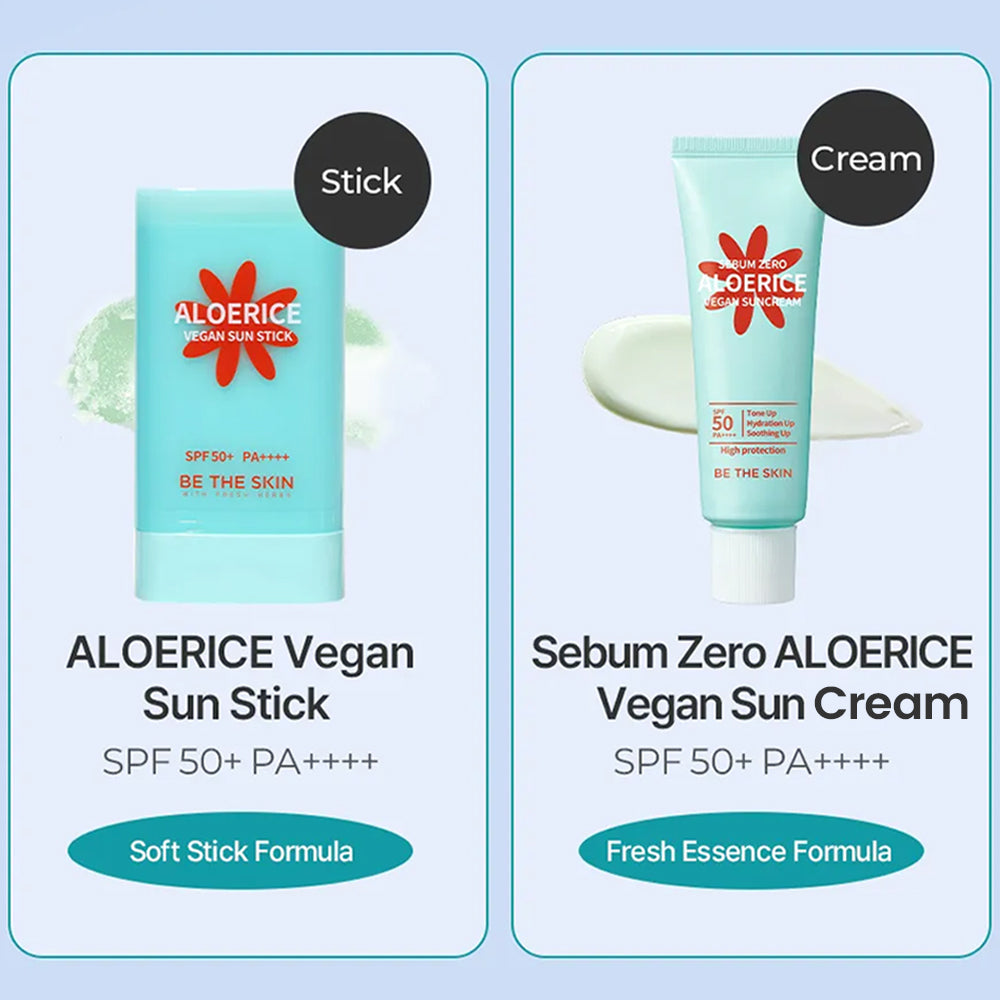 Be The Skin Aloerice Vegan Sun Stick SPF50+ PA++++ – Lightweight, Soothing, Reef-Safe