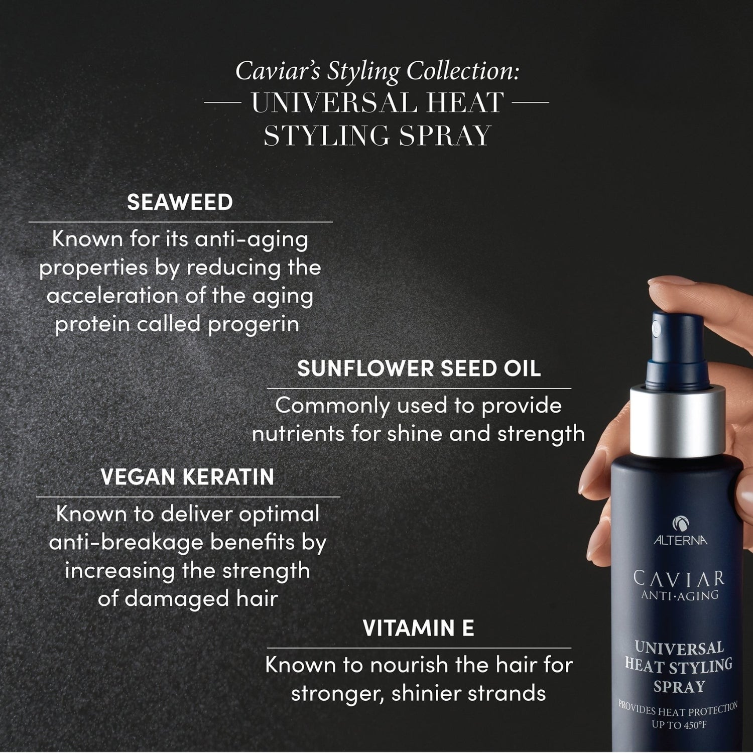 Caviar Anti-Aging Universal Heat Styling Spray with ingredients listed on a dark background