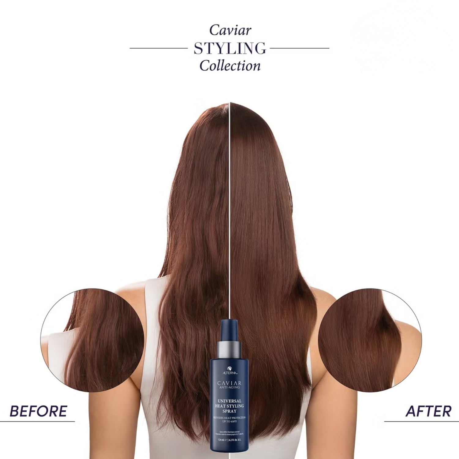 Hair product comparison showing 'Before' and 'After' with a bottle labeled 'Caviar Styling Collection'.