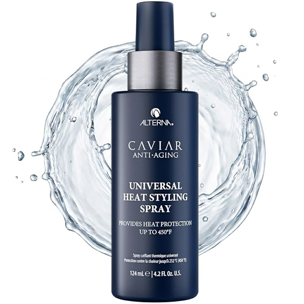 Alterna Caviar Anti-Aging Universal Heat Styling Spray bottle with water splash on a white background